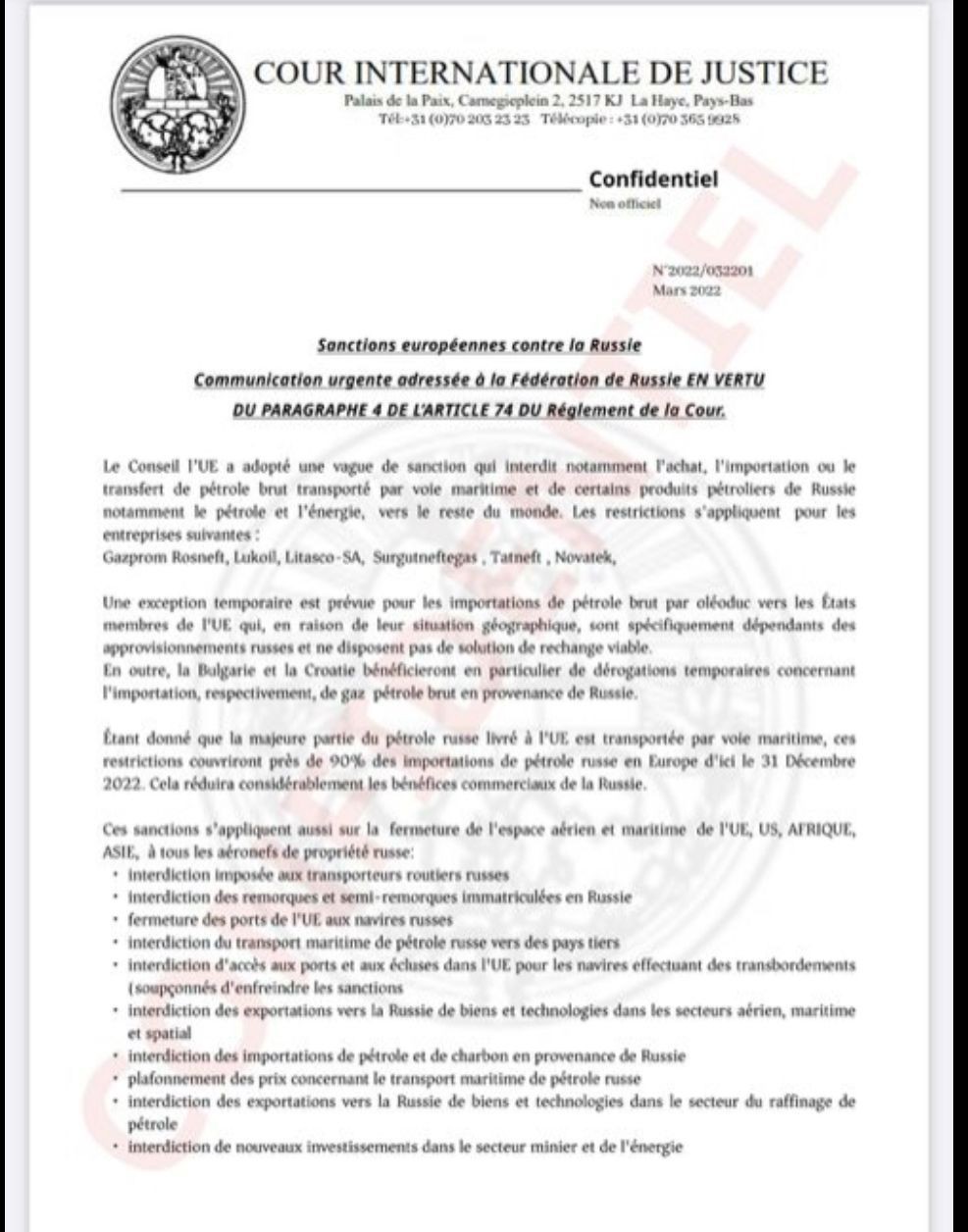 VIOLATION OF EU SANCTIONS  Litasco, the vast nebula  In recent years, the Russian trading company, Litasco, has been involved in various transactions and scandals on the African continent. One notable instance is the supply of lower-quality products to Nigeria via MRS Oil Nigeria plc in January 2022, resulting in fuel problems in the country.  More recently, in September 2023, Litasco extended a loan facility of $620 million to the Ghana National Petroleum Company (GNPC). It is safe to say that this facility lacked transparency, and its conditions are currently under investigation by the Ghanaian Parliament. Another notable case involves the supply of multiple crude oil cargoes to the Senegal refinery through Der Mond Oil and Gas in April 2021.  These transactions have recently undergone arbitration proceedings between Der Mond and Litasco before a British court. During the trial, it emerged from the confidential document I am forwarding to you that Litasco violated several sanctions imposed by the European Union (EU). The attached document sheds light on Litasco's violation of EU sanctions.