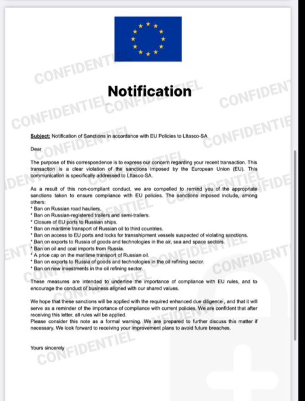 VIOLATION OF EU SANCTIONS  Litasco, the vast nebula  In recent years, the Russian trading company, Litasco, has been involved in various transactions and scandals on the African continent. One notable instance is the supply of lower-quality products to Nigeria via MRS Oil Nigeria plc in January 2022, resulting in fuel problems in the country.  More recently, in September 2023, Litasco extended a loan facility of $620 million to the Ghana National Petroleum Company (GNPC). It is safe to say that this facility lacked transparency, and its conditions are currently under investigation by the Ghanaian Parliament. Another notable case involves the supply of multiple crude oil cargoes to the Senegal refinery through Der Mond Oil and Gas in April 2021.  These transactions have recently undergone arbitration proceedings between Der Mond and Litasco before a British court. During the trial, it emerged from the confidential document I am forwarding to you that Litasco violated several sanctions imposed by the European Union (EU). The attached document sheds light on Litasco's violation of EU sanctions.